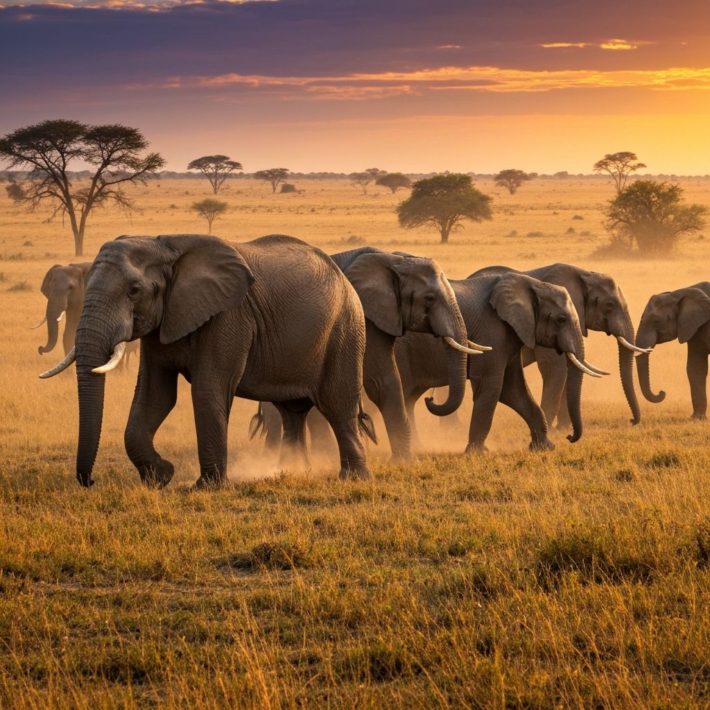 African savanna at sunset with elephants